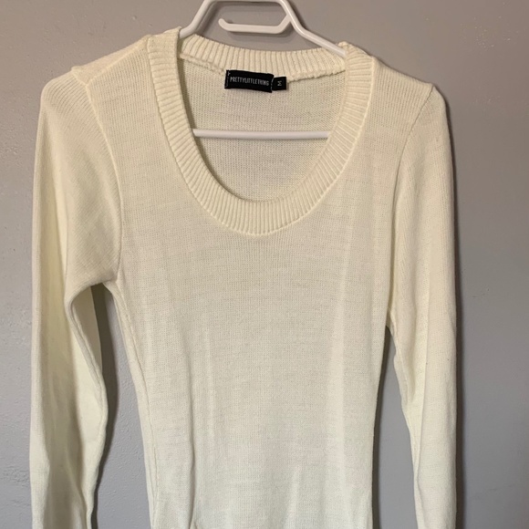 Cream Long Sleeve Ruched Asymmetric Knitted Dress - Picture 2 of 4